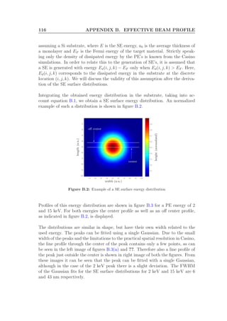 116 APPENDIX B. EFFECTIVE BEAM PROFILE
assuming a Si substrate, where E is the SE energy, a0 is the average thickness of
a monolayer and EF is the Fermi energy of the target material. Strictly speak-
ing only the density of dissipated energy by the PE’s is known from the Casino
simulations. In order to relate this to the generation of SE’s, it is assumed that
a SE is generated with energy Ed(i, j, k) − EF only when Ed(i, j, k) > EF . Here,
Ed(i, j, k) corresponds to the dissipated energy in the substrate at the discrete
location (i, j, k). We will discuss the validity of this assumption after the deriva-
tion of the SE surface distributions.
Integrating the obtained energy distribution in the substrate, taking into ac-
count equation B.1, we obtain a SE surface energy distribution. An normalized
example of such a distribution is shown in ﬁgure B.2.
10 20 30 40 50 60 70 80 90 100
10
20
30
40
50
60
70
80
90
100
0.1
0.2
0.3
0.4
0.5
0.6
0.7
0.8
0.9
1
width (a.u.)
length(a.u.)
height(normalized)
center
oﬀ center
Figure B.2: Example of a SE surface energy distribution
Proﬁles of this energy distribution are shown in ﬁgure B.3 for a PE energy of 2
and 15 keV. For both energies the center proﬁle as well as an oﬀ center proﬁle,
as indicated in ﬁgure B.2, is displayed.
The distributions are similar in shape, but have their own width related to the
used energy. The peaks can be ﬁtted using a single Gaussian. Due to the small
width of the peaks and the limitations to the practical spatial resolution in Casino,
the line proﬁle through the center of the peak contains only a few points, as can
be seen in the left image of ﬁgures B.3(a) and ??. Therefore also a line proﬁle of
the peak just outside the center is shown in right image of both the ﬁgures. From
these images it can be seen that the peak can be ﬁtted with a single Gaussian,
although in the case of the 2 keV peak there is a slight deviation. The FWHM
of the Gaussian ﬁts for the SE surface distributions for 2 keV and 15 keV are 6
and 43 nm respectively.
 