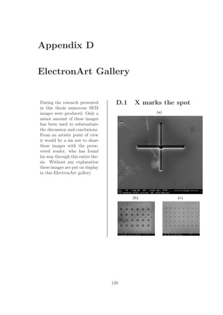 Appendix D
ElectronArt Gallery
During the research presented
in this thesis numerous SEM
images were produced. Only a
minor amount of these images
has been used to substantiate
the discussion and conclusions.
From an artistic point of view
it would be a sin not to share
these images with the perse-
vered reader, who has found
his way through this entire the-
sis. Without any explanation
these images are put on display
in this ElectronArt gallery.
D.1 X marks the spot
(a)
(b) (c)
120
 