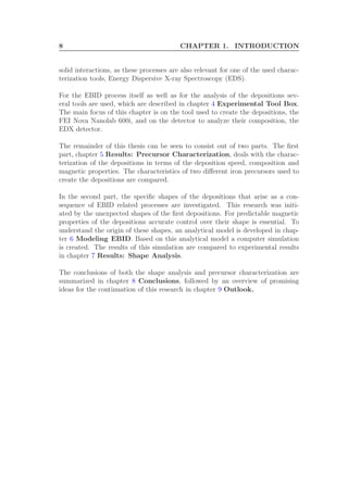 8 CHAPTER 1. INTRODUCTION
solid interactions, as these processes are also relevant for one of the used charac-
terization tools, Energy Dispersive X-ray Spectroscopy (EDS).
For the EBID process itself as well as for the analysis of the depositions sev-
eral tools are used, which are described in chapter 4 Experimental Tool Box.
The main focus of this chapter is on the tool used to create the depositions, the
FEI Nova Nanolab 600i, and on the detector to analyze their composition, the
EDX detector.
The remainder of this thesis can be seen to consist out of two parts. The ﬁrst
part, chapter 5 Results: Precursor Characterization, deals with the charac-
terization of the depositions in terms of the deposition speed, composition and
magnetic properties. The characteristics of two diﬀerent iron precursors used to
create the depositions are compared.
In the second part, the speciﬁc shapes of the depositions that arise as a con-
sequence of EBID related processes are investigated. This research was initi-
ated by the unexpected shapes of the ﬁrst depositions. For predictable magnetic
properties of the depositions accurate control over their shape is essential. To
understand the origin of these shapes, an analytical model is developed in chap-
ter 6 Modeling EBID. Based on this analytical model a computer simulation
is created. The results of this simulation are compared to experimental results
in chapter 7 Results: Shape Analysis.
The conclusions of both the shape analysis and precursor characterization are
summarized in chapter 8 Conclusions, followed by an overview of promising
ideas for the continuation of this research in chapter 9 Outlook.
 