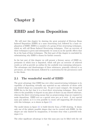 Chapter 2
EBID and Iron Deposition
We will start this chapter by showing the great potential of Electron Beam
Induced Deposition (EBID) as a nano structuring tool, followed by a basic ex-
planation of EBID. EBID is a member of a group of four structuring techniques,
which we will call Beam Induced Structuring techniques. First an overview of
these techniques is given and subsequently we zoom in on the speciﬁc eﬀects that
lie at the basis of these techniques. The ﬁrst part of this chapter is concluded by
substantiating why EBID is chosen for further research.
In the last part of this chapter we will present a literary survey of EBID ex-
periments in which iron is deposited, which will give an overview of achieved
results as well as provide an outline for the available iron containing substances.
The advantages and disadvantages of these substances, generally referred to as
precursors, are then discussed, followed by a motivation for the precursor(s) used
in this thesis.
2.1 The wonderful world of EBID
The great advantage that EBID has over other nanostructuring techniques is its
capability of depositing virtually any material on any substrate of choice with
any desired shape on a nanometer size. To put it more compact, the strength of
EBID lies in the fact that it is a local direct structuring technique. Here, local
refers to the possibility to deposit on any place of choice on any desired substrate,
whereas the direct structuring means that no preprocessing steps are required to
make depositions. EBID acts as a special nano pen as it were. A very special
nano pen indeed, as it is even possible to create self supporting 3D structures
with this technique, as is shown in ﬁgure 2.1.
The model shown in ﬁgure 2.1 is build directly from a CAD drawing. It shows
only one of the inﬁnite possible shapes that can be created with EBID. As the
shapes are only limited by imagination, it becomes clear what a powerful tech-
nique it is.
The other signiﬁcant advantage is that this nano pen can be ﬁlled with the ink
9
 