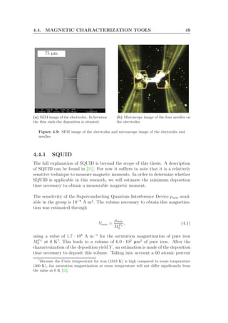 4.4. MAGNETIC CHARACTERIZATION TOOLS 49
75 µm
(a) SEM image of the electrodes. In between
the thin ends the deposition is situated.
(b) Microscope image of the four needles on
the electrodes.
Figure 4.9: SEM image of the electrodes and microscope image of the electrodes and
needles.
4.4.1 SQUID
The full explanation of SQUID is beyond the scope of this thesis. A description
of SQUID can be found in [31]. For now it suﬃces to note that it is a relatively
sensitive technique to measure magnetic moments. In order to determine whether
SQUID is applicable in this research, we will estimate the minimum deposition
time necessary to obtain a measurable magnetic moment.
The sensitivity of the Superconducting Quantum Interference Device µmin avail-
able in the group is 10−9
A m2
. The volume necessary to obtain this magnetiza-
tion was estimated through
Vmin =
µmin
MF e
0
, (4.1)
using a value of 1.7 · 106
A m−1
for the saturation magnetization of pure iron
MF e
0 at 0 K7
. This leads to a volume of 6.0 · 102
µm3
of pure iron. After the
characterization of the deposition yield Y , an estimation is made of the deposition
time necessary to deposit this volume. Taking into account a 60 atomic percent
7
Because the Curie temperature for iron (1043 K) is high compared to room temperature
(300 K), the saturation magnetization at room temperature will not diﬀer signiﬁcantly from
the value at 0 K [32].
 