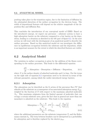 6.2. ANALYTICAL MODEL 71
positing takes place in the transition region, due to the limitation of diﬀusion by
the substantial distortion of the surface occupation by the electron beam. The
width of depositional features will depend on the relative magnitude of the de-
position ﬂux and diﬀusion ﬂux.
This concludes the introduction of our conceptual model of EBID. Based on
the introduced concept, we expect our precursor - substrate system to have a
high adsorption barrier on the substrate compared to a low barrier on the depo-
sition, leading to a situation as sketched in the left part of ﬁgure 6.2. In the next
section we will start with the development of an analytical model to describe the
surface processes. Based on this analytical model we can investigate the diﬀer-
ence in equilibrium occupation between the substrate and the deposition, which
is an important measure for the extent to which the described features are visible.
6.2 Analytical Model
The variation in surface occupation is given by the addition of the ﬂuxes corre-
sponding to the surface processes. This leads to the diﬀerential equation
dN
dt
= Adsorption − Desorption + Diﬀusion − Deposition, (6.1)
where N is the surface density of adsorbed molecules and t is time. For the terms
on the right side of equation 6.1 expressions need to be derived in terms of the
relevant parameter, among which the earlier introduced energy barriers.
6.2.1 Adsorption
The adsorption can be described as the fr action of the precursor ﬂux PF that
adsorbs at the substrate as a consequence of an associated adsorption energy Eads,
weighed by the fraction of N with respect to the maximum adsorbed molecules
Nm. This maximum originates from the limited amount of molecules that can
occupy a certain substrate area, given the fact that in general not more than one
monolayer is adsorbed on the substrate. This leads to the equation
Adsorption =
Nm − N
Nm
· PF 1 − exp −
Eads
kbTs
(6.2)
=
Nm − N
Nm
· PFpads, (6.3)
where the additional parameters are the substrate temperature Ts and the Boltz-
mann constant kb. The term between brackets can be interpreted as a probability
for adsorption and is therefore replaced by the shorter pads.
 