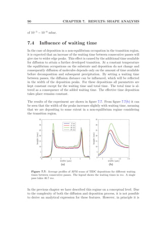 90 CHAPTER 7. RESULTS: SHAPE ANALYSIS
of 10−5
− 10−6
mbar.
7.4 Inﬂuence of waiting time
In the case of deposition in a non-equilibrium occupation in the transition region,
it is expected that an increase of the waiting time between consecutive passes will
give rise to wider edge peaks. This eﬀect is caused by the additional time available
for diﬀusion to attain a further developed transition. At a constant temperature
the equilibrium occupations on the substrate and deposition do not change and
consequently diﬀusion of molecules depends only on the amount of time available
before decomposition and subsequent precipitation. By setting a waiting time
between passes, the diﬀusion distance can be inﬂuenced, which will be reﬂected
in the width of the deposition peaks. For these depositions all parameters are
kept constant except for the waiting time and total time. The total time is al-
tered as a consequence of the added waiting time. The eﬀective time deposition
takes place remains constant.
The results of the experiment are shown in ﬁgure 7.7. From ﬁgure 7.7(b) it can
be seen that the width of the peaks increases slightly with waiting time, meaning
that we are depositing to some extent in a non-equilibrium regime considering
the transition region.
5
10
15
20
25
30
35
0 ms
15 ms
40 ms
65 ms
0 1 2 3 4 5
0
width (µm)
height(nm)
(a)
1 1.2 1.4 1.6
0
5
10
15
20
25
30
35
width (µm)
height(nm)
(b)
Figure 7.7: Average proﬁles of AFM scans of TIDC depositions for diﬀerent waiting
times between consecutive passes. The legend shows the waiting times in ms. A single
pass takes 46.7 ms.
In the previous chapter we have described this regime on a conceptual level. Due
to the complexity of both the diﬀusion and deposition process, it is not possible
to derive an analytical expression for these features. However, in principle it is
 