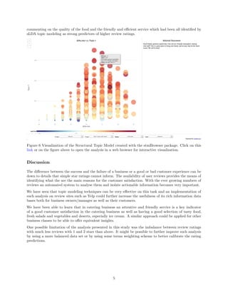 commenting on the quality of the food and the friendly and eﬃcient service which had been all identiﬁed by
sLDA topic modeling as strong predictors of higher review ratings.
Figure 6 Visualization of the Structural Topic Model created with the stmBrowser package. Click on this
link or on the ﬁgure above to open the analysis in a web browser for interactive visualization.
Discussion
The diﬀerence between the success and the failure of a business or a good or bad customer experience can be
down to details that simple star ratings cannot inform. The availability of user reviews provides the means of
identifying what the are the main reasons for the customer satisfaction. With the ever growing numbers of
reviews an automated system to analyse them and isolate actionable information becomes very important.
We have seen that topic modeling techniques can be very eﬀective on this task and an implementation of
such analysis on review sites such as Yelp could further increase the usefulness of its rich information data
bases both for business owners/manages as well as their customers.
We have been able to learn that in catering business an attentive and friendly service is a key indicator
of a good customer satisfaction in the catering business as well as having a good selection of tasty food,
fresh salads and vegetables and deserts, especially ice cream. A similar approach could be applied for other
business classes to be able to oﬀer equivalent insights.
One possible limitation of the analysis presented in this study was the imbalance between review ratings
with much less reviews with 1 and 2 stars than above. It might be possible to further improve such analysis
by using a more balanced data set or by using some terms weighting scheme to better calibrate the rating
predictions.
5
 