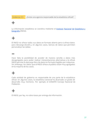 Evidencia 3.5 ¿Existe una agencia responsable de la estadística oficial?
+
La información estadística se coordina mediante el ​Instituto Nacional de Estadística y
Geografía​(INEGI).
+
El INEGI no ofrece todos sus datos en formato abierto pero si ofrece datos
para descarga (Excel) y, en algunos casos, bancos de datos que permiten
personalizar las tablas.
–
Hace falta la posibilidad de acceder de manera sencilla a datos más
desagregados para poder realizar interpretaciones alternativas a la oficial.
INEGI permite la descarga libre de datos en formatos legibles por máquinas.
Sin embargo, los datos que el INEGI ofrece al público están muy agregados
en la mayoría de los casos.
+
Cada entidad de gobierno es responsable de una parte de la estadística
oficial. En algunos casos, la estadística sectorial ha alcanzado un grado de
desarrollo muy meritorio. Por ejemplo el CONAPO Consejo Nacional de
Población.
+
El INEGI, por ley, no cobra tasas por entrega de información.
37
 
