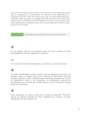 disposición documental que maneja, conforme a los lineamientos generales
para la organización y conservación de archivos de las dependencias y
entidades de la APF. Cada área interna de cada una de las dependencias y
entidades debe actualizar su catálogo cada año. Asimismo, las instituciones
deben acatar lo señalado en la Ley Federal de Archivos. Es el área interna de
cada dependencia y entidad la que tiene la autoridad para acceder y para
organizar el archivado.
Evidencia 4.4 ¿Qué datos están publicados y bajo qué condiciones?
+
En las páginas web de las entidades existe una gran cantidad de datos                         
descargables en formatos “legibles por  máquinas”. 
–
A la mayoría de los datos descargables se les atribuye un derecho de autor. 
+
Se utilizan identificadores únicos comunes para los registros de las bases. Por                       
ejemplo, existe un registro único de los números de identificación para las                       
escuelas, centros de salud, entidades gubernamentales, empresas (su número                 
de identificación fiscal) y los ciudadanos (su identificación personal del                   
contribuyente, que no puede ser revelada debido a que su composición incluye                       
fechas de nacimiento).
+
Están disponibles en línea los datos de la prueba de Educación “ENLACE”,                       
aunque se pueden descargar de forma agregada por escuelas, no están                     
desglosados por clase, género, etc. 
45
 