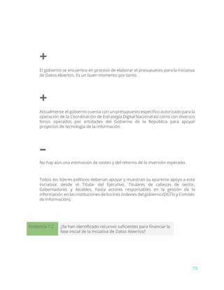 +
El gobierno se encuentra en proceso de elaborar el presupuesto para la iniciativa
de Datos Abiertos. Es un buen momento por tanto.
+
Actualmente el gobierno cuenta con un presupuesto específico autorizado para la
operación de la Coordinación de Estrategia Digital Nacional así como con diversos
fonos operados por entidades del Gobierno de la República para apoyar
proyectos de tecnología de la información.
–
No hay aún una estimación de costes y del retorno de la inversión esperado.
Todos los líderes políticos deberían apoyar y muestran su aparente apoyo a esta
iniciativa: desde el Titular del Ejecutivo, Titulares de cabezas de sector,
Gobernadores y Alcaldes, hasta actores responsables en la gestión de la
información en las instituciones de los tres órdenes del gobierno (DGTIs y Comités
de Información).
Evidencia 7.2 ¿Se han identificado recursos suficientes para financiar la
fase inicial de la iniciativa de Datos Abiertos?
73
 