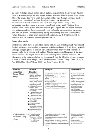 Maori and Tourism in Aotearoa Individual Report ID: 0594617
4
use Stray, Kohutapu Lodge is often already included as part of one of Stray’s New Zealand
Tours so Kohutapu Lodge will still receive business from this market (Tourism New Zealand,
2016). The general lifestyle of youth backpackers within New Zealand comprises mostly of
current/former international students from both domestic and international
universities/educational institutions on a low to mid-range income. Many of these
backpacking travellers choose to work on a casual basis as they travel. Statistics from
Statistics New Zealand (2016) also show over the past 15 years until the present there has
been a direct correlation between seasonality and backpacker accommodation occupancy
rates with the months December/January having an occupancy rate of/or close to 100%.
Further discussion of future target markets for Kohutapu Lodge & Tribal Tours will be
continued with discussion of company potential success.
Competition matrix
The following chart shows a competition matrix of five Maori owned/operated New Zealand
Tourism businesses who are direct competitors to Kohutapu Lodge & Tribal Tours. Although
Kohutapu Lodge is placed in an ideal New Zealand location to receive high amounts of
tourism, it also has to compete with multiple Maori owned/operated businesses in the local
area as Rotorua is the largest hotspot for Maori owned/operated tourism businesses. All
information on the businesses below has been sourced from the following references (shown
in order). (Tamaki Maori Village, 2016; Whakarewarewa Thermal Village Tours, 2016; Te
Puia, 2016; Mitai Maori Village, 2016; Ngai Tahu Tourism, 2016).
Name of
Competitor
Services
Provided
Strengths Weaknesses
Tamaki Maori
Village
 Facial tattooing,
weaving, carvingand
Maori foodcooking
demonstrations
 Invitations to participate
in stick games, warrior
training, poi learning
andhaka performing
 Cultural performances
of dance, song,
weaponry displays and
stick games.
 Traditional sharedfeast
of Maori hangi buffet
 Transfers toandfrom all
Rotorua accommodation
 LivingPre-European
Maori Village
 Licencedbar
 Private outdoorspa
 Overnight
accommodation(linen
andbedding provided)
 Continental breakfast
(with overnight stay)
 Complimentarytransfers fromall Rotorua
accommodation.
 Experiences stagedtobe as authentic as
possible.
 Traditional hangi feast
 Strategically placed
 Language translation features on website
 Student discount pricing
 Extensive marketingcoverage through
Tourism NewZealandandsocial media.
 Minimum group size of
10 requiredfor overnight
stay
 Website is ratherdark
andgloomy (however
this may be to reflect tour
takes place at night)
 Experience maybe ‘too’
authentic forcertain
overseas tourists and
overwhelmingor
frightening(particularly
takingplace afterdark).
Whakarewarewa –
The Maori Living
Village
 Three different tour
options including
Wakarewarewa Village
Tour, Tararewa Legacy
Tour andRotorua
Trilogy Tour
 Personalisedtattooservice is a unique
sellingpoint forbusiness.
 Campinggroundaccommodationoffered
(very cheap)
 Many products at gift shopare tailoredto
meet theregioni.e. mudandhoney products.
 Extensive educationon Maori traditions and
customs
 Minimum group booking
of 10 peopleor more
requiredfor overnight
stay.
 Large amount of
educational information
given is on scientific
 