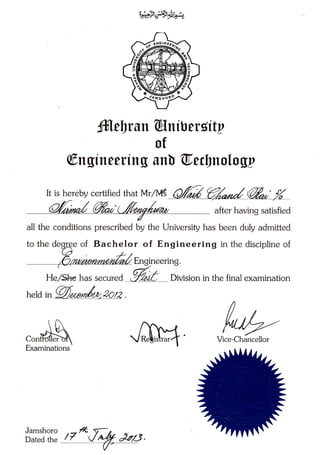 '#lr#tltt*,
0f
fif,r,brtrn Wnibeuity
@ngineerrn[ un[ W,eillnolo gy
It is hereby certified that Mr/W
afler having satisfied
all the conditions prescribed by the University has been duly admitted
of Bachelor of Engineering in the discipline of
Enoineerino.
d*:He/*ehas secu red .6.Q;t Division in the final examination
held in
ContEllei
*H'l?il: rftrT,* soz-s
T
 