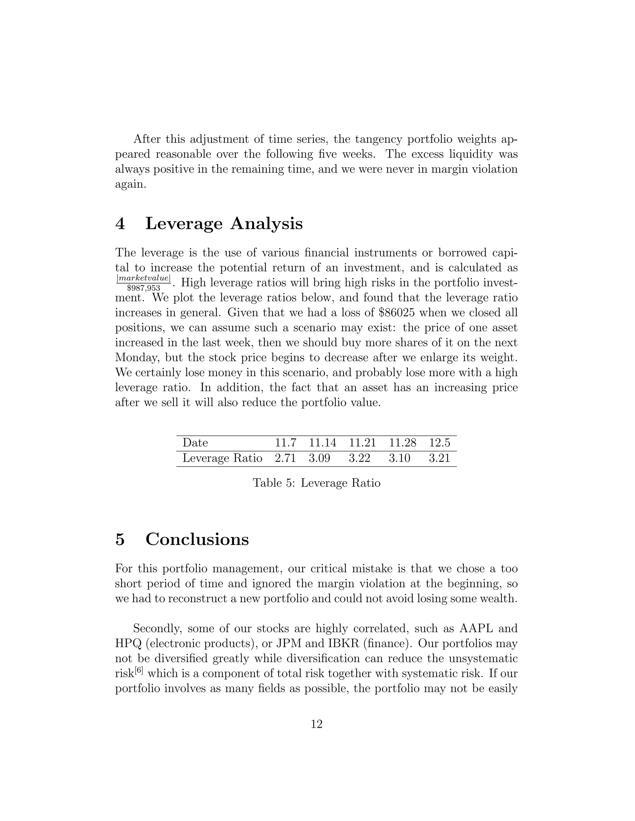 After this adjustment of time series, the tangency portfolio weights ap-
peared reasonable over the following ﬁve weeks. The excess liquidity was
always positive in the remaining time, and we were never in margin violation
again.
4 Leverage Analysis
The leverage is the use of various ﬁnancial instruments or borrowed capi-
tal to increase the potential return of an investment, and is calculated as
|marketvalue|
$987,953
. High leverage ratios will bring high risks in the portfolio invest-
ment. We plot the leverage ratios below, and found that the leverage ratio
increases in general. Given that we had a loss of $86025 when we closed all
positions, we can assume such a scenario may exist: the price of one asset
increased in the last week, then we should buy more shares of it on the next
Monday, but the stock price begins to decrease after we enlarge its weight.
We certainly lose money in this scenario, and probably lose more with a high
leverage ratio. In addition, the fact that an asset has an increasing price
after we sell it will also reduce the portfolio value.
Date 11.7 11.14 11.21 11.28 12.5
Leverage Ratio 2.71 3.09 3.22 3.10 3.21
Table 5: Leverage Ratio
5 Conclusions
For this portfolio management, our critical mistake is that we chose a too
short period of time and ignored the margin violation at the beginning, so
we had to reconstruct a new portfolio and could not avoid losing some wealth.
Secondly, some of our stocks are highly correlated, such as AAPL and
HPQ (electronic products), or JPM and IBKR (ﬁnance). Our portfolios may
not be diversiﬁed greatly while diversiﬁcation can reduce the unsystematic
risk[6]
which is a component of total risk together with systematic risk. If our
portfolio involves as many ﬁelds as possible, the portfolio may not be easily
12
 