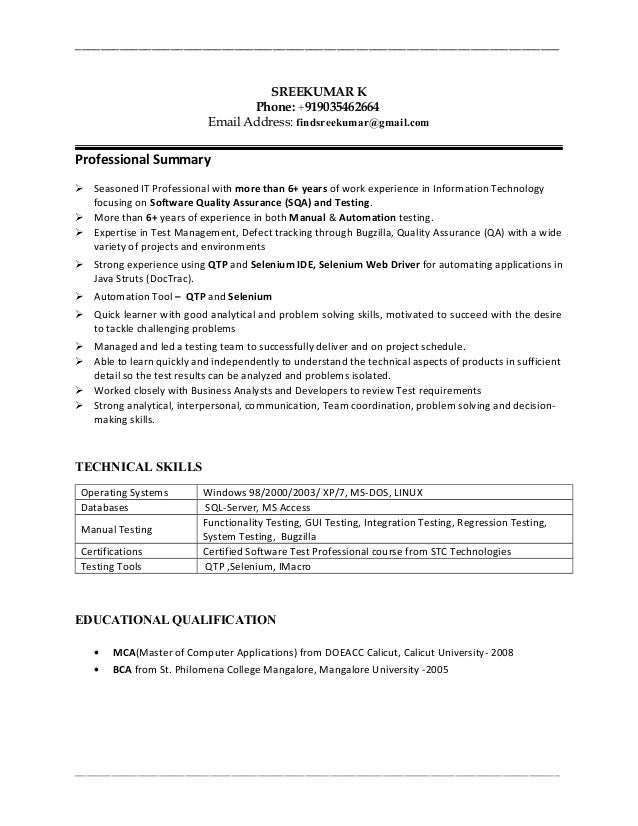 sreekumar_6 years qa manual automationqtp tester resume qa resume summary
