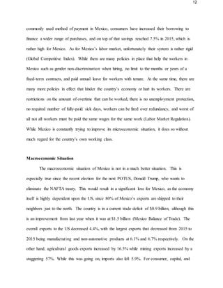 12
commonly used method of payment in Mexico, consumers have increased their borrowing to
finance a wider range of purchases, and on top of that savings reached 7.5% in 2015, which is
rather high for Mexico. As for Mexico’s labor market, unfortunately their system is rather rigid
(Global Competitive Index). While there are many policies in place that help the workers in
Mexico such as gender non-discrimination when hiring, no limit to the months or years of a
fixed-term contracts, and paid annual leave for workers with tenure. At the same time, there are
many more policies in effect that hinder the country’s economy or hurt its workers. There are
restrictions on the amount of overtime that can be worked, there is no unemployment protection,
no required number of fully-paid sick days, workers can be fired over redundancy, and worst of
all not all workers must be paid the same wages for the same work (Labor Market Regulation).
While Mexico is constantly trying to improve its microeconomic situation, it does so without
much regard for the country’s own working class.
Macroeconomic Situation
The macroeconomic situation of Mexico is not in a much better situation. This is
especially true since the recent election for the next POTUS, Donald Trump, who wants to
eliminate the NAFTA treaty. This would result in a significant loss for Mexico, as the economy
itself is highly dependent upon the US, since 80% of Mexico’s exports are shipped to their
neighbors just to the north. The country is in a current trade deficit of $0.9 billion, although this
is an improvement from last year when it was at $1.5 billion (Mexico Balance of Trade). The
overall exports to the US decreased 4.4%, with the largest exports that decreased from 2015 to
2015 being manufacturing and non-automotive products at 6.1% and 6.7% respectively. On the
other hand, agricultural goods exports increased by 16.5% while mining exports increased by a
staggering 57%. While this was going on, imports also fell 5.9%. For consumer, capital, and
 