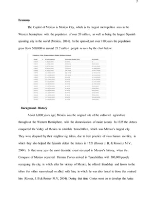 7
Economy
The Capital of Mexico is Mexico City, which is the largest metropolitan area in the
Western hemisphere with the population of over 20 million, as well as being the largest Spanish
speaking city in the world (Mexico, 2016). In the span of just over 110 years the population
grew from 500,000 to around 21.2 million people as seen by the chart below:
Background History
About 6,000 years ago; Mexico was the original site of the cultivated agriculture
throughout the Western Hemisphere, with the domestication of maize (corn). In 1325 the Aztecs
conquered the Valley of Mexico to establish Tenochtitlan, which was Mexico’s largest city.
They were despised by their neighboring tribes, due to their practice of mass human sacrifice, in
which they also helped the Spanish defeat the Aztecs in 1521 (Rosser J. B, & Rosser,z M.V.,
2004). In that same year the most dramatic event occurred in Mexico’s history, when the
Conquest of Mexico occurred. Hernan Cortes arrived in Tenochtitlan with 300,000 people
occupying the city, in which after his victory of Mexico, he offered friendship and favors to the
tribes that either surrendered or allied with him, in which he was also brutal to those that resisted
him (Rosser, J. B & Rosser M.V, 2004). During that time Cortes went on to develop the Aztec
 