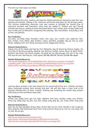 This term our main topics are titled:
The first half of this term, teachers will help the children familiarise themselves with their new
learning environment. Settling in the classroom will be the main focus for the first few weeks.
This involves establishing classroom rules and routines to facilitate the smooth flow of
classroom activities and transitions. Once they are settled in, children will start having
activities focusing on getting to know themselves better; their names, parts of their bodies and
how to take care of themselves recognising their feelings, likes and dislikes and finally a look
at their own families.
Key Vocabulary:Key Vocabulary:Key Vocabulary:Key Vocabulary:
my name, my body, head, shoulders, knees, toes, eyes, ears, mouth, nose, eyebrows, hair,
face, mother, mum, father, dad, brothers, sisters, grandma, grandpa, tidy up, line up, wash
hands, softplay room, ELC (Early Learning Centre), playground, library
Relevant Books/Authors:Relevant Books/Authors:Relevant Books/Authors:Relevant Books/Authors:
Taking Care of My Hands and Feet by Terri DeGezelle, Day At School By Monica Hughes, My
First Day At Nursery by Becky Edwards and Anthony Flintoft, Senses Series by Katie Dicker,
Brothers and Sisters by Monica Hughes, My Body by Sue Barraclough, Gấu con bị sâu răng,
Món quà đặc biệt, Quà tặng mẹ, Cháu ngoan, Đôi dép, Bài hát: Cái mũi, Cả tuần đều ngoan
Related Websites/Resources:Related Websites/Resources:Related Websites/Resources:Related Websites/Resources:
http://www.kidsgoflash.com/clickable/body.html,,,, http://www.youtube.com/watch?
v=gqXX3yyvGI0 , http://socnhi.com/Hang-truyen/detail/4/gau-con-bi-sau-rang.html
http://socnhi.com/Hang-truyen/detail/1607/ban-chai-danh-rang.html
Learning about animals is the main theme for the second half of this term. Children will learn
about zoo/jungle animals, farm animals and pets. We will also have a closer look at the
physical characteristics of some animals, listening and mimicking the sounds they produce
and acting out the movements they make.
Key Vocabulary:Key Vocabulary:Key Vocabulary:Key Vocabulary:
animal, zoo, jungle, farm, pet, lion, tiger, elephant, bird, bear, monkey, snake, cow, chicken,
horse, pig, sheep, dog, cat, fish, roar, hiss, stomp, sway, flap, fly, roll, crawl, slither, hop, jump
Relevant Books/Authors:Relevant Books/Authors:Relevant Books/Authors:Relevant Books/Authors:
Dear Zoo by Rod Campbell; Brown Bear, Brown Bear by Eric Carle; Rumble in the Jungle by
Giles Andreae; Old Macdonald Had A Farm; Ong và bướm, Rong và cá, Con voi, Con công, Chú
vịt xám, Ba con gấu
Related Websites/Resources:Related Websites/Resources:Related Websites/Resources:Related Websites/Resources:
http://www.anglomaniacy.pl/animals.htm,
http://socnhi.com/Hang-truyen/detail/1581/ba-ba-tim-nha.html,
http://socnhi.com/Hang-truyen/detail/51/tri-khon-cua-ta-day.html
 