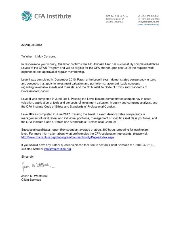 CFA Confirmation letter CFA Confirmation letter