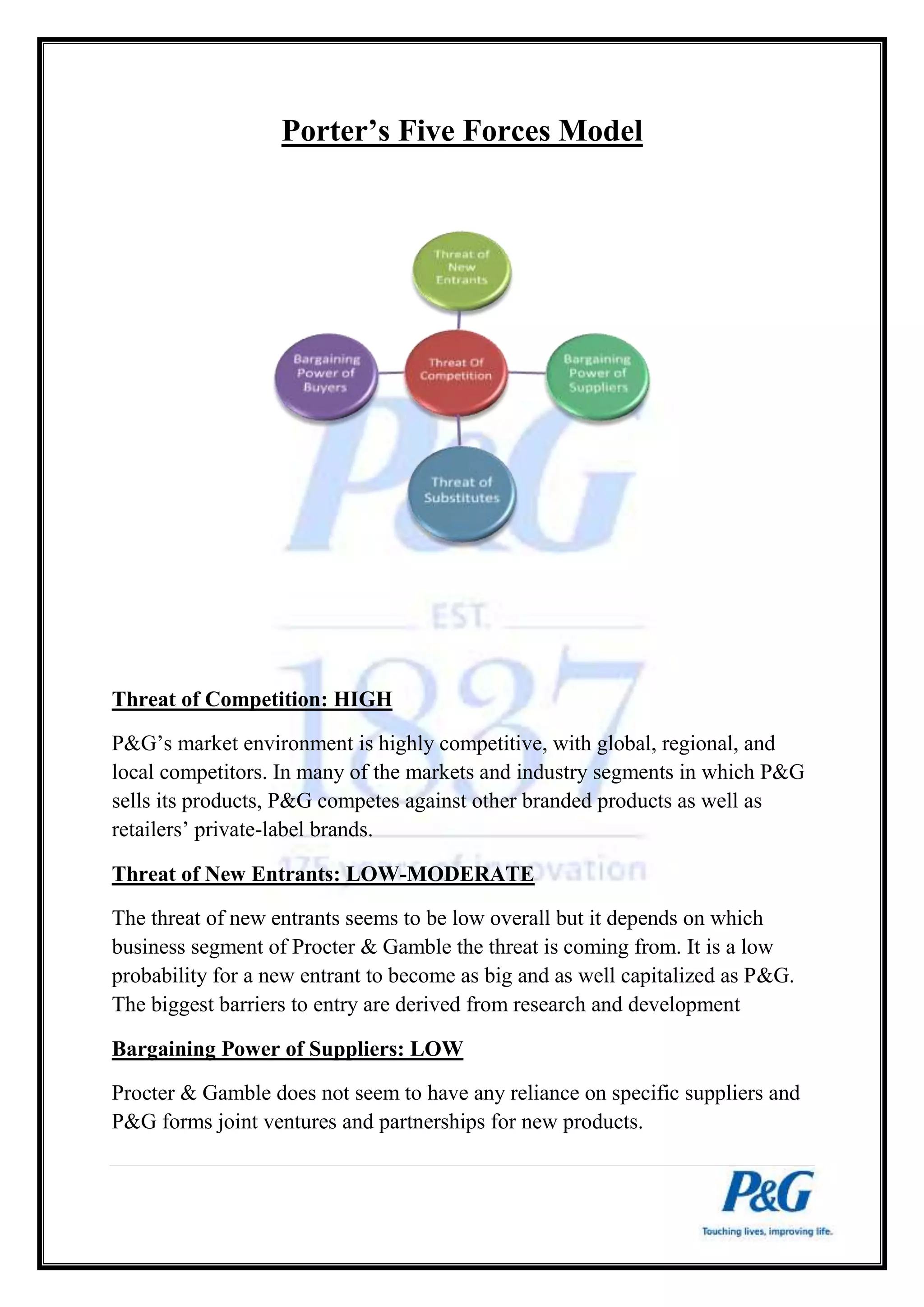 Porter’s Five Forces Model 
Threat of Competition: HIGH 
P&G’s market environment is highly competitive, with global, regional, and 
local competitors. In many of the markets and industry segments in which P&G 
sells its products, P&G competes against other branded products as well as 
retailers’ private-label brands. 
Threat of New Entrants: LOW-MODERATE 
The threat of new entrants seems to be low overall but it depends on which 
business segment of Procter & Gamble the threat is coming from. It is a low 
probability for a new entrant to become as big and as well capitalized as P&G. 
The biggest barriers to entry are derived from research and development 
Bargaining Power of Suppliers: LOW 
Procter & Gamble does not seem to have any reliance on specific suppliers and 
P&G forms joint ventures and partnerships for new products. 
 