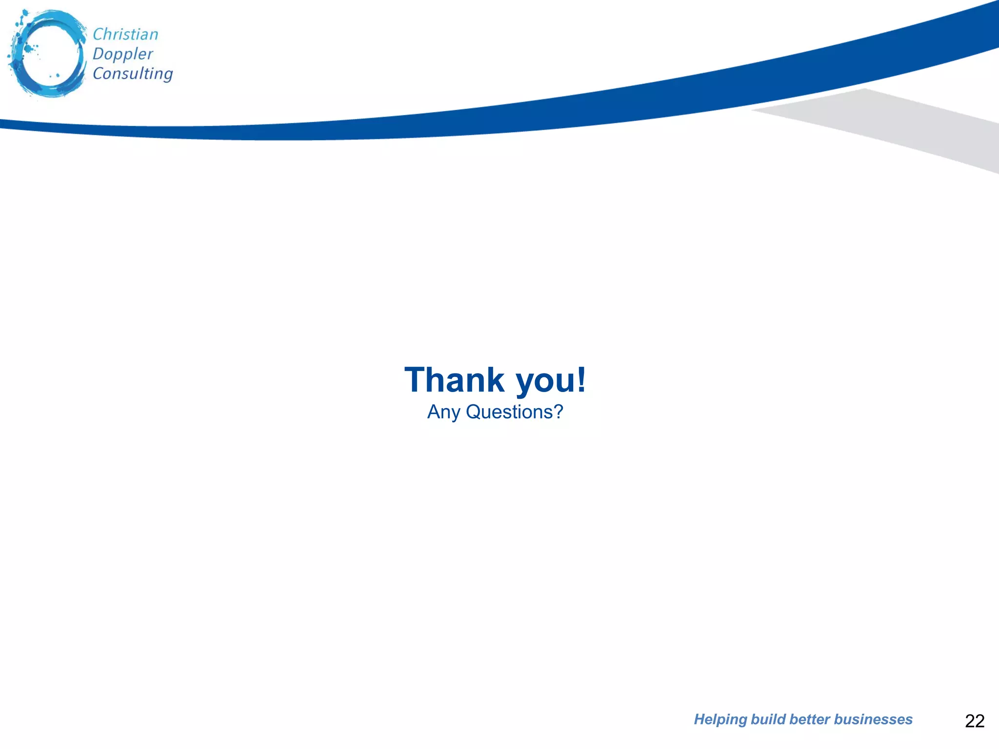 Helping build better businesses
Thank you!
Any Questions?
22
 