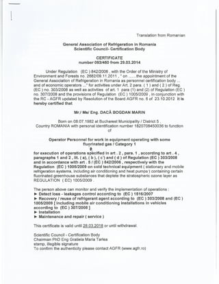 Bogdan Daca - Refrigeration Certificate