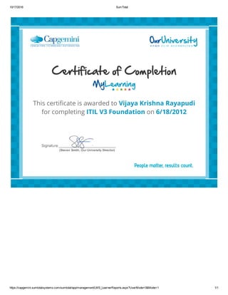 10/17/2016 SumTotal
https://capgemini.sumtotalsystems.com/sumtotal/app/management/LMS_LearnerReports.aspx?UserMode=0&Mode=1 1/1
 
This certi咉䀔cate is awarded to Vijaya Krishna Rayapudi
for completing ITIL V3 Foundation on 6/18/2012
 
 
 