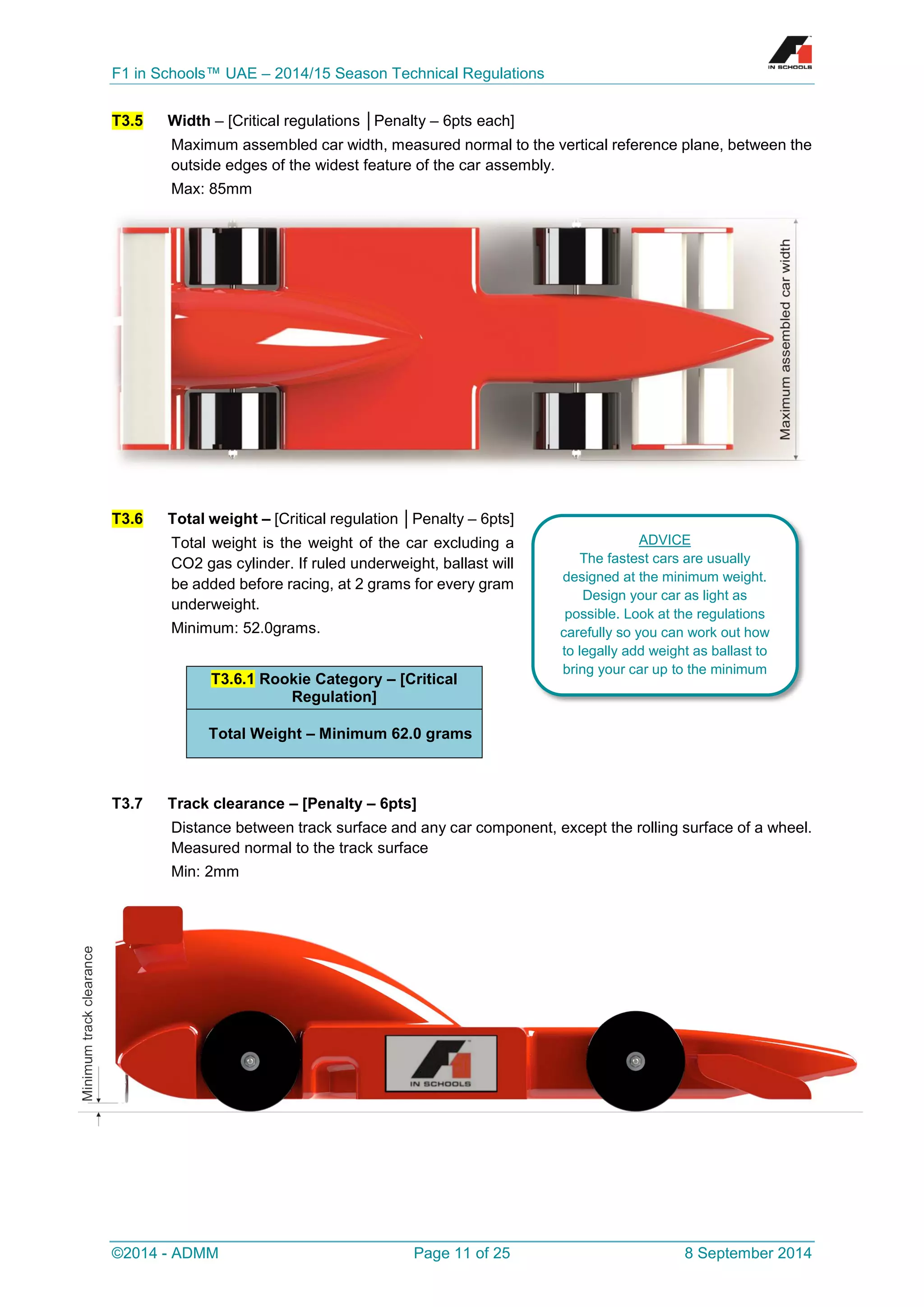 F1 in Schools™ UAE – 2014/15 Season Technical Regulations 
©2014 - ADMM Page 11 of 25 8 September 2014 
T3.5 Width – [Critical regulations │Penalty – 6pts each] 
Maximum assembled car width, measured normal to the vertical reference plane, between the outside edges of the widest feature of the car assembly. 
Max: 85mm 
T3.6 Total weight – [Critical regulation │Penalty – 6pts] 
Total weight is the weight of the car excluding a CO2 gas cylinder. If ruled underweight, ballast will be added before racing, at 2 grams for every gram underweight. 
Minimum: 52.0grams. 
T3.6.1 Rookie Category – [Critical Regulation] Total Weight – Minimum 62.0 grams 
T3.7 Track clearance – [Penalty – 6pts] 
Distance between track surface and any car component, except the rolling surface of a wheel. Measured normal to the track surface 
Min: 2mm 
ADVICE 
The fastest cars are usually designed at the minimum weight. Design your car as light as possible. Look at the regulations carefully so you can work out how to legally add weight as ballast to bring your car up to the minimum weight.  