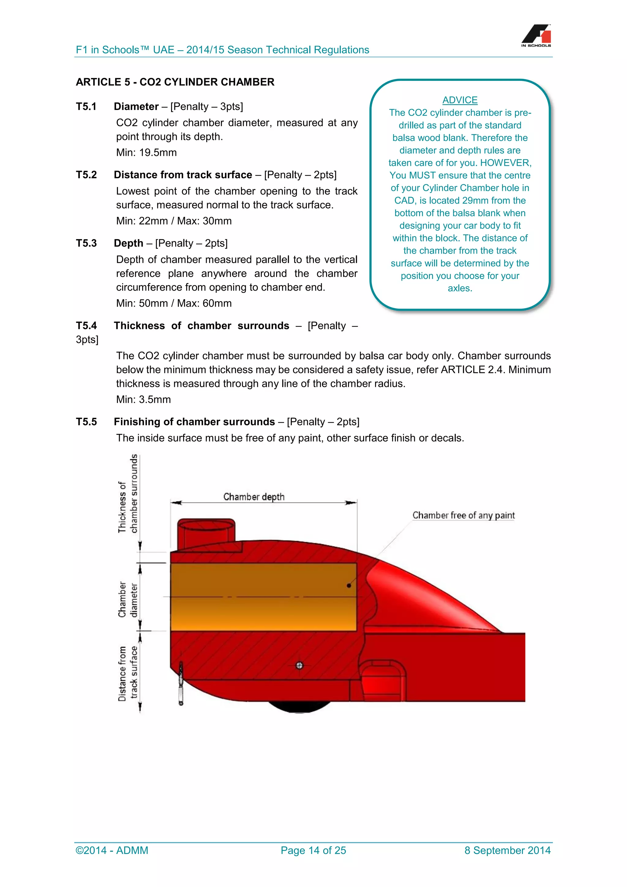 F1 in Schools™ UAE – 2014/15 Season Technical Regulations 
©2014 - ADMM Page 14 of 25 8 September 2014 
ARTICLE 5 - CO2 CYLINDER CHAMBER 
T5.1 Diameter – [Penalty – 3pts] 
CO2 cylinder chamber diameter, measured at any point through its depth. 
Min: 19.5mm 
T5.2 Distance from track surface – [Penalty – 2pts] 
Lowest point of the chamber opening to the track surface, measured normal to the track surface. 
Min: 22mm / Max: 30mm 
T5.3 Depth – [Penalty – 2pts] 
Depth of chamber measured parallel to the vertical reference plane anywhere around the chamber circumference from opening to chamber end. 
Min: 50mm / Max: 60mm 
T5.4 Thickness of chamber surrounds – [Penalty – 3pts] 
The CO2 cylinder chamber must be surrounded by balsa car body only. Chamber surrounds below the minimum thickness may be considered a safety issue, refer ARTICLE 2.4. Minimum thickness is measured through any line of the chamber radius. 
Min: 3.5mm 
T5.5 Finishing of chamber surrounds – [Penalty – 2pts] 
The inside surface must be free of any paint, other surface finish or decals. 
ADVICE 
The CO2 cylinder chamber is pre- drilled as part of the standard balsa wood blank. Therefore the diameter and depth rules are taken care of for you. HOWEVER, You MUST ensure that the centre of your Cylinder Chamber hole in CAD, is located 29mm from the bottom of the balsa blank when designing your car body to fit within the block. The distance of the chamber from the track surface will be determined by the position you choose for your axles.  