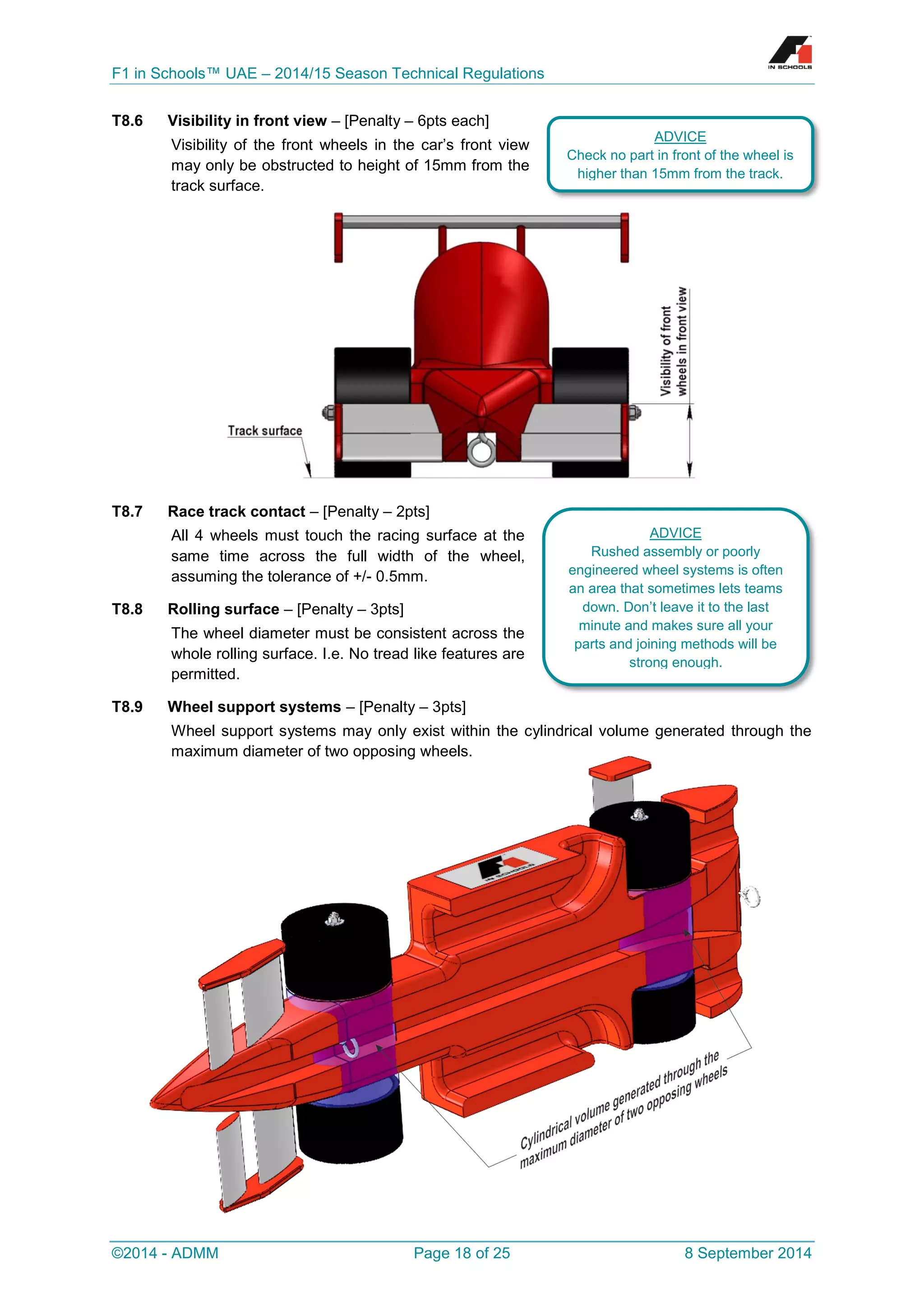 F1 in Schools™ UAE – 2014/15 Season Technical Regulations 
©2014 - ADMM Page 18 of 25 8 September 2014 
T8.6 Visibility in front view – [Penalty – 6pts each] 
Visibility of the front wheels in the car’s front view may only be obstructed to height of 15mm from the track surface. 
T8.7 Race track contact – [Penalty – 2pts] 
All 4 wheels must touch the racing surface at the same time across the full width of the wheel, assuming the tolerance of +/- 0.5mm. 
T8.8 Rolling surface – [Penalty – 3pts] 
The wheel diameter must be consistent across the whole rolling surface. I.e. No tread like features are permitted. 
T8.9 Wheel support systems – [Penalty – 3pts] 
Wheel support systems may only exist within the cylindrical volume generated through the maximum diameter of two opposing wheels. 
ADVICE 
Check no part in front of the wheel is higher than 15mm from the track. 
ADVICE 
Rushed assembly or poorly engineered wheel systems is often an area that sometimes lets teams down. Don’t leave it to the last minute and makes sure all your parts and joining methods will be strong enough.  