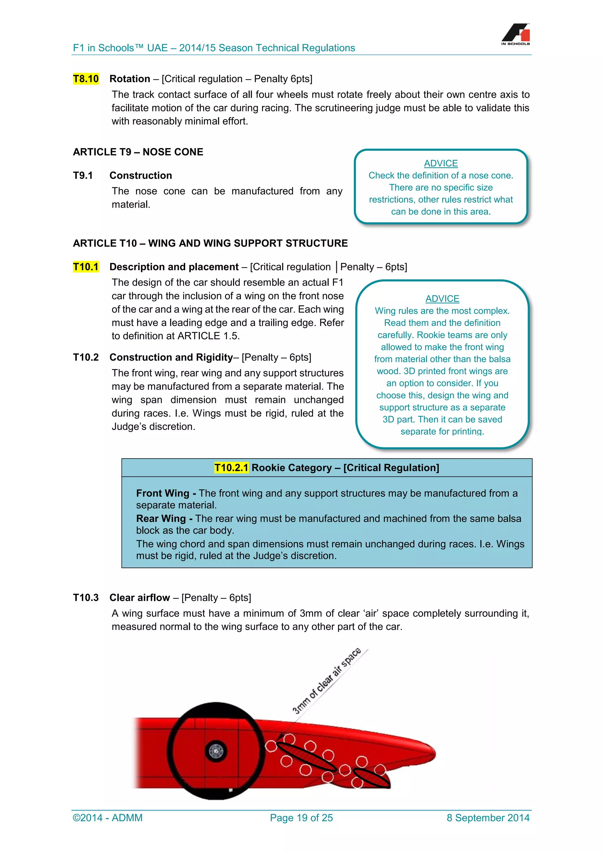 F1 in Schools™ UAE – 2014/15 Season Technical Regulations 
©2014 - ADMM Page 19 of 25 8 September 2014 
T8.10 Rotation – [Critical regulation – Penalty 6pts] 
The track contact surface of all four wheels must rotate freely about their own centre axis to facilitate motion of the car during racing. The scrutineering judge must be able to validate this with reasonably minimal effort. 
ARTICLE T9 – NOSE CONE 
T9.1 Construction 
The nose cone can be manufactured from any material. 
ARTICLE T10 – WING AND WING SUPPORT STRUCTURE T10.1 Description and placement – [Critical regulation │Penalty – 6pts] 
The design of the car should resemble an actual F1 car through the inclusion of a wing on the front nose of the car and a wing at the rear of the car. Each wing must have a leading edge and a trailing edge. Refer to definition at ARTICLE 1.5. 
T10.2 Construction and Rigidity– [Penalty – 6pts] 
The front wing, rear wing and any support structures may be manufactured from a separate material. The wing span dimension must remain unchanged during races. I.e. Wings must be rigid, ruled at the Judge’s discretion. 
T10.2.1 Rookie Category – [Critical Regulation] Front Wing - The front wing and any support structures may be manufactured from a separate material. Rear Wing - The rear wing must be manufactured and machined from the same balsa block as the car body. The wing chord and span dimensions must remain unchanged during races. I.e. Wings must be rigid, ruled at the Judge’s discretion. 
T10.3 Clear airflow – [Penalty – 6pts] 
A wing surface must have a minimum of 3mm of clear ‘air’ space completely surrounding it, measured normal to the wing surface to any other part of the car. 
ADVICE 
Check the definition of a nose cone. There are no specific size restrictions, other rules restrict what can be done in this area. 
ADVICE 
Wing rules are the most complex. Read them and the definition carefully. Rookie teams are only allowed to make the front wing from material other than the balsa wood. 3D printed front wings are an option to consider. If you choose this, design the wing and support structure as a separate 3D part. Then it can be saved separate for printing.  
