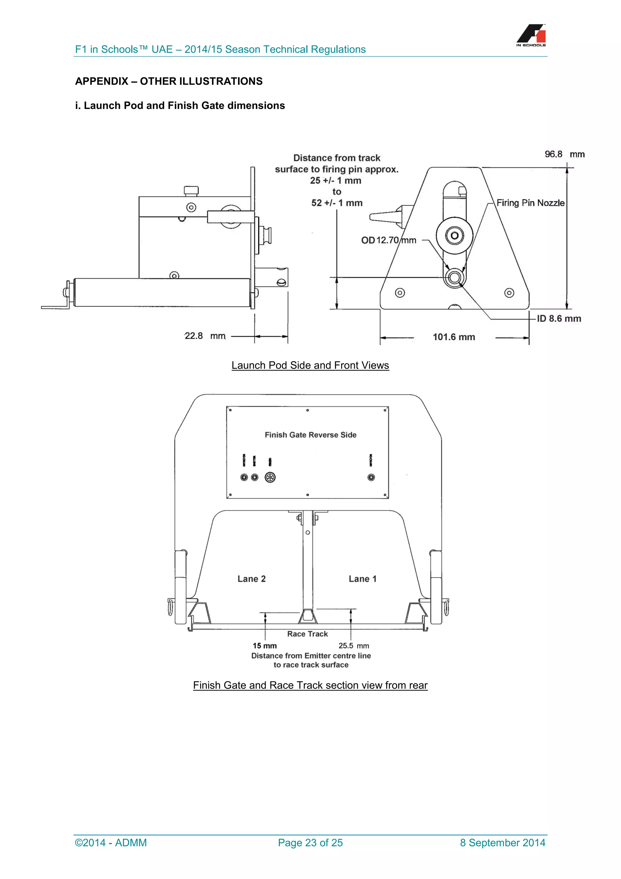 F1 in Schools™ UAE – 2014/15 Season Technical Regulations 
©2014 - ADMM Page 23 of 25 8 September 2014 
APPENDIX – OTHER ILLUSTRATIONS 
i. Launch Pod and Finish Gate dimensions 
Launch Pod Side and Front Views 
Finish Gate and Race Track section view from rear 
 