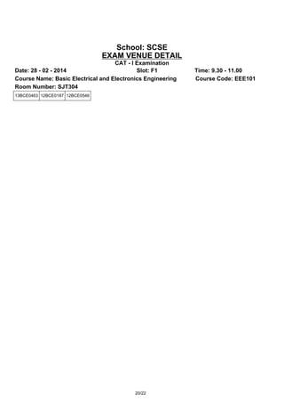 School: SCSE
EXAM VENUE DETAIL
CAT - I Examination
Date: 28 - 02 - 2014
Slot: F1
Course Name: Basic Electrical and Electronics Engineering
Room Number: SJT304
13BCE0463 12BCE0187 12BCE0546

20/22

Time: 9.30 - 11.00
Course Code: EEE101

 