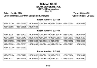 School: SCSE
EXAM VENUE DETAIL
CAT - II Examination
Slot: F1
Date: 12 - 04 - 2014 Time: 3.00 - 4.30
Course Name: Algorithm Design and Analysis Course Code: CSE202
Room Number: SJT424
12BCE0364 12BCE0397 12BCE0428 12BCE0439 12BCE0589 12BCE0591 12BCE0592
12BCE0593 12BCE0595 12BCE0596
Room Number: SJT501
12BCE0383 12BCE0400 12BCE0441 12BCE0449 12BCE0476 12BCE0493 12BCE0494
12BCE0505 12BCE0512 12BCE0515 12BCE0519 12BCE0533 12BCE0573 12BCE0580
12BCE0583 12BCE0588 12BCE0602 12BCE0613 12BCE0011 12BCE0052 12BCE0061
12BCE0063 12BCE0065 12BCE0137 12BCE0144 12BCE0150 12BCE0263 12BCE0281
12BCE0308 12BCE0350
Room Number: SJT502
12BCE0124 12BCE0126 12BCE0153 12BCE0170 12BCE0171 12BCE0184 12BCE0197
12BCE0211 12BCE0215 12BCE0216 12BCE0219 12BCE0223 12BCE0229 12BCE0230
1/38
 