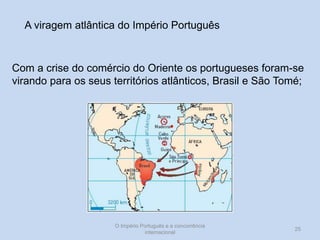 A viragem atlântica do Império Português

Com a crise do comércio do Oriente os portugueses foram-se
virando para os seus territórios atlânticos, Brasil e São Tomé;

O Império Português e a concorrência
internacional

25

 