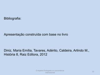 Bibliografia:

Apresentação construída com base no livro

Diniz, Maria Emília, Tavares, Adérito, Caldeira, Arlindo M.,
História 8, Raiz Editora, 2012

O Império Português e a concorrência
internacional

33

 