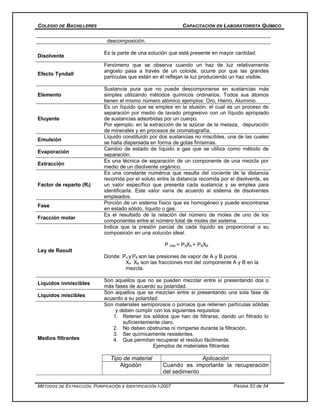 COLEGIO DE BACHILLERES CAPACITACIÓN EN LABORATORISTA QUÍMICO
descomposición.
Disolvente
Es la parte de una solución que está presente en mayor cantidad.
Efecto Tyndall
Fenómeno que se observa cuando un haz de luz relativamente
angosto pasa a través de un coloide, ocurre por que las grandes
partículas que están en él reflejan la luz produciendo un haz visible.
Elemento
Sustancia pura que no puede descomponerse en sustancias más
simples utilizando métodos químicos ordinarios. Todos sus átomos
tienen el mismo número atómico ejemplos: Oro, Hierro, Aluminio.
Eluyente
Es un líquido que se emplea en la elusión, el cual es un proceso de
separación por medio de lavado progresivo con un líquido apropiado
de sustancias adsorbidas por un cuerpo.
Por ejemplo; en la extracción de la azúcar de la melaza, depuración
de minerales y en procesos de cromatografía.
Emulsión
Líquido constituido por dos sustancias no miscibles, una de las cuales
se halla dispersada en forma de gotas finísimas.
Evaporación
Cambio de estado de líquido a gas que se utiliza como método de
separación.
Extracción
Es una técnica de separación de un componente de una mezcla por
medio de un disolvente orgánico.
Factor de reparto (Rf)
Es una constante numérica que resulta del cociente de la distancia
recorrida por el soluto entre la distancia recorrida por el disolvente, es
un valor específico que presenta cada sustancia y se emplea para
identificarla. Este valor varía de acuerdo al sistema de disolventes
empleados.
Fase
Porción de un sistema físico que es homogéneo y puede encontrarse
en estado sólido, líquido o gas.
Fracción molar
Es el resultado de la relación del número de moles de uno de los
componentes entre el número total de moles del sistema.
Ley de Raoult
Indica que la presión parcial de cada líquido es proporcional a su
composición en una solución ideal.
P total = PAXA + PBXB
Donde: PA y PB son las presiones de vapor de A y B puros
XA XB son las fracciones mol del componente A y B en la
mezcla.
Líquidos inmiscibles
Son aquellos que no se pueden mezclar entre sí presentando dos o
más fases de acuerdo su polaridad.
Líquidos miscibles
Son aquellos que se mezclan entre sí presentando una sola fase de
acuerdo a su polaridad.
Medios filtrantes
Son materiales semiporosos o porosos que retienen partículas sólidas
y deben cumplir con los siguientes requisitos:
1. Retener los sólidos que han de filtrarse, dando un filtrado lo
suficientemente claro.
2. No deben obstruirse ni romperse durante la filtración.
3. Ser químicamente resistentes.
4. Que permitan recuperar el residuo fácilmente.
Ejemplos de materiales filtrantes
Tipo de material Aplicación
Algodón Cuando es importante la recuperación
del sedimento
MÉTODOS DE EXTRACCIÓN, PURIFICACIÓN E IDENTIFICACIÓN I-2007 PÁGINA 53 de 54
 