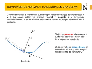 COMPONENTES NORMAL Y TANGENCIAL EN UNA CURVA
Conviene describir el movimiento curvilíneo por medio de los ejes de coordenadas n
y t, los cuales actúan de manera normal y tangente a la trayectoria,
respectivamente, y en el instante considerado tienen su origen localizado en la
partícula.
El eje t es tangente a la curva en el
punto y es positivo en la dirección
de la trayectoria creciente.
El eje normal n es perpendicular al
eje t con su sentido positivo dirigido
hacia el centro de curvatura O’
 