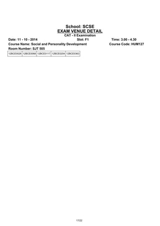 School: SCSE 
EXAM VENUE DETAIL 
CAT - II Examination 
Date: 11 - 10 - 2014 Slot: F1 Time: 3.00 - 4.30 
Course Name: Social and Personality Development Course Code: HUM127 
Room Number: SJT 505 
12BCE0026 12BCE0068 12BCE0117 12BCE0204 12BCE0363 
17/22 
 
