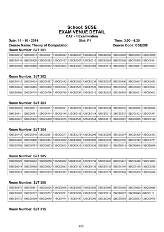 School: SCSE 
EXAM VENUE DETAIL 
CAT - II Examination 
Date: 11 - 10 - 2014 Slot: F1 Time: 3.00 - 4.30 
Course Name: Theory of Computation Course Code: CSE208 
Room Number: SJT 301 
13BCB0012 13BCB0013 13BCB0041 13BCB0043 13BCB0047 13BCB0048 13BCB0050 10BCE0028 11BCE0509 12BCE0078 
12BCE0119 12BCE0120 12BCE0122 12BCE0127 12BCE0207 12BCE0215 12BCE0281 12BCE0299 12BCE0316 12BCE0331 
12BCE0398 12BCE0480 12BCE0572 12BCE0603 13BCE0001 13BCE0009 13BCE0018 13BCE0027 13BCE0031 13BCE0063 
Room Number: SJT 302 
13BCE0112 13BCE0124 13BCE0177 13BCE0182 13BCE0200 13BCE0231 13BCE0257 13BCE0408 13BCE0417 13BCE0422 
13BCE0424 13BCE0465 13BCE0478 13BCE0523 13BCE0525 13BCE0535 13BCE0542 13BCE0554 13BCE0578 13BCE0593 
13BCE0656 13BCE0704 13BCE0756 13BCE0760 13BCE0791 13BCE0810 13BCE0822 13BCE0859 13BCB0001 13BCB0002 
Room Number: SJT 303 
13BCB0008 13BCB0011 13BCB0017 13BCB0021 13BCB0029 13BCB0032 13BCB0034 13BCB0035 13BCB0036 13BCB0038 
09BCE091 12BCE0061 12BCE0114 12BCE0146 12BCE0149 12BCE0154 12BCE0211 12BCE0270 12BCE0303 12BCE0367 
12BCE0421 12BCE0476 12BCE0478 12BCE0515 12BCE0535 12BCE0554 12BCE0617 13BCE0081 13BCE0085 13BCE0126 
Room Number: SJT 304 
13BCE0143 13BCE0216 13BCE0261 13BCE0277 13BCE0278 13BCE0296 13BCE0299 13BCE0304 13BCE0309 13BCE0363 
13BCE0400 13BCE0420 13BCE0434 13BCE0652 13BCE0662 13BCE0696 13BCE0728 13BCE0735 13BCE0742 13BCE0761 
13BCE0766 13BCE0767 13BCE0803 13BCE0812 13BCE0815 13BCE0836 13BCB0010 13BCB0014 13BCB0016 13BCB0019 
Room Number: SJT 305 
13BCB0022 13BCB0042 13BCB0059 13BCB0062 10BCE0043 12BCE0192 12BCE0420 12BCE0441 12BCE0486 13BCE0013 
13BCE0014 13BCE0080 13BCE0082 13BCE0083 13BCE0132 13BCE0133 13BCE0135 13BCE0146 13BCE0169 13BCE0266 
13BCE0274 13BCE0293 13BCE0305 13BCE0327 13BCE0333 13BCE0339 13BCE0379 13BCE0394 13BCE0439 13BCE0456 
Room Number: SJT 308 
13BCE0472 13BCE0481 13BCE0505 13BCE0506 13BCE0565 13BCE0583 13BCE0586 13BCE0589 13BCE0608 13BCE0648 
13BCE0692 13BCE0707 13BCE0737 13BCE0751 13BCE0769 13BCE0797 13BCE0819 13BCB0027 13BCB0046 09BCE110 
10BCE0172 10BCE0399 10BCE0546 11BCE0474 11BCE0487 12BCE0003 12BCE0005 12BCE0055 12BCE0063 12BCE0070 
Room Number: SJT 315 
4/22 
 