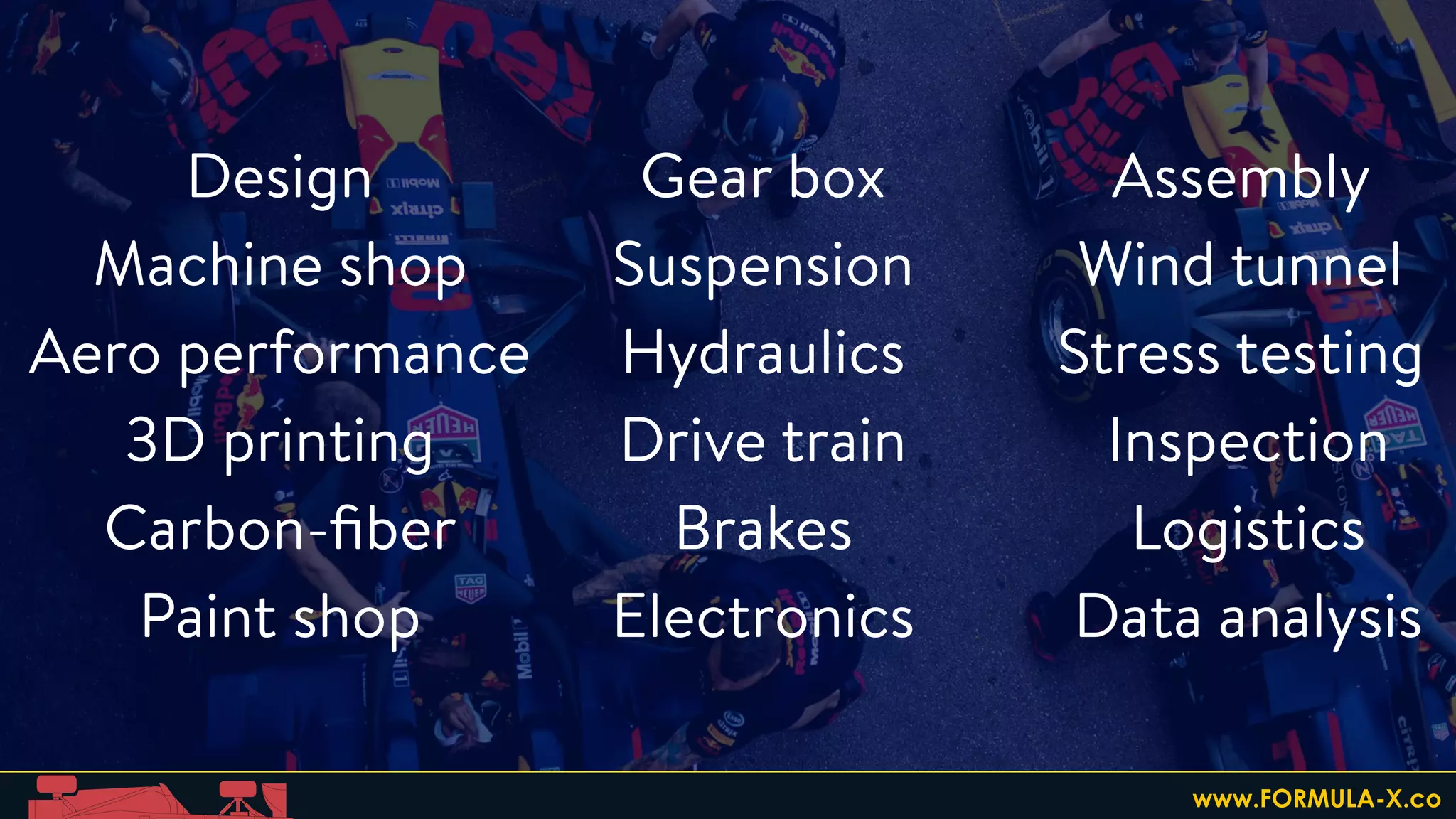 Design
Machine shop
Aero performance
3D printing
Carbon-ﬁber
Paint shop
Assembly
Wind tunnel
Stress testing
Inspection
Logistics
Data analysis
Gear box
Suspension
Hydraulics
Drive train
Brakes
Electronics
www.FORMULA-X.co
 