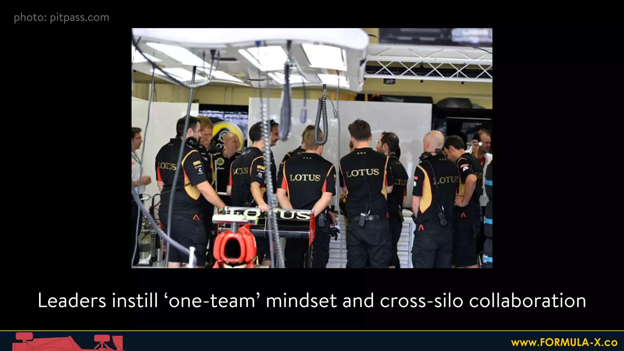 Leaders instill ‘one-team’ mindset and cross-silo collaboration
photo: pitpass.com
www.FORMULA-X.co
 
