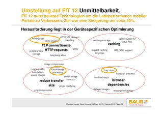 Umstellung auf FIT 12.Unmittelbarkeit.
FIT 12 nutzt neueste Technologien um die Ladeperformance mobiler
Portale zu Verbessern. Ziel war eine Steigerung um circa 40%.

Herausforderung liegt in der Gerätespezifischen Optimierung




                       Christian Herold - Baur Versand | M-Days 2013 | Februar 2013 | Seite 15
 