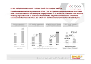 RETAIL RAHMENBEDINGUNGEN – LIMITATIONEN KLASSISCHER ANSÄTZE
Eine Reichweitenverteuerung ist aktueller Status Quo. Im Ergebnis können Vertreter des klassischen
Push-Ansatzes nicht mehr vollumfänglich am gegebenen B2C-EC-Wachstum teilhaben, denn in einem
Verdrängungswettbewerb ist zusätzliche Reichweite bei steigenden Werbepreisen zunehmend
unwirtschaftlicher. Wachstum bzw. der Erhalt von Marktanteilen erfordert alternative Strategien.


   B2C-E-Commerce          TKP Banner Advertising           SEM CPC (USD) - Global                   CPC in .de, Händler
     Umsatz in .de                 in .de                     (alle Suchmaschinen)                        OMG-Ges
                 29,1
                 Mrd

                                                                                   0,83                  243        CPC: 0,27
    20,3                                                                                                 Mio.
    Mrd                               +10%
                                                                       +17%                                       +22%
                                                                                                                         235
                                                                                                    CPC: 0,22            Mio.
                                                                    0,71


    2011         2015                                        2009     2011                              HW09             HW11
                               2010        2011
    Weiterhin deutliches                Steigerungen der Werbepreise                                Wachsende Traffic-
        Wachstum                 durch zunehmende Nachfrage nach Werbung                         Kostenlimitieren Wachstum




                                        Christian Herold - Baur Versand | M-Days 2013 | Februar 2013 | Seite 24
 
