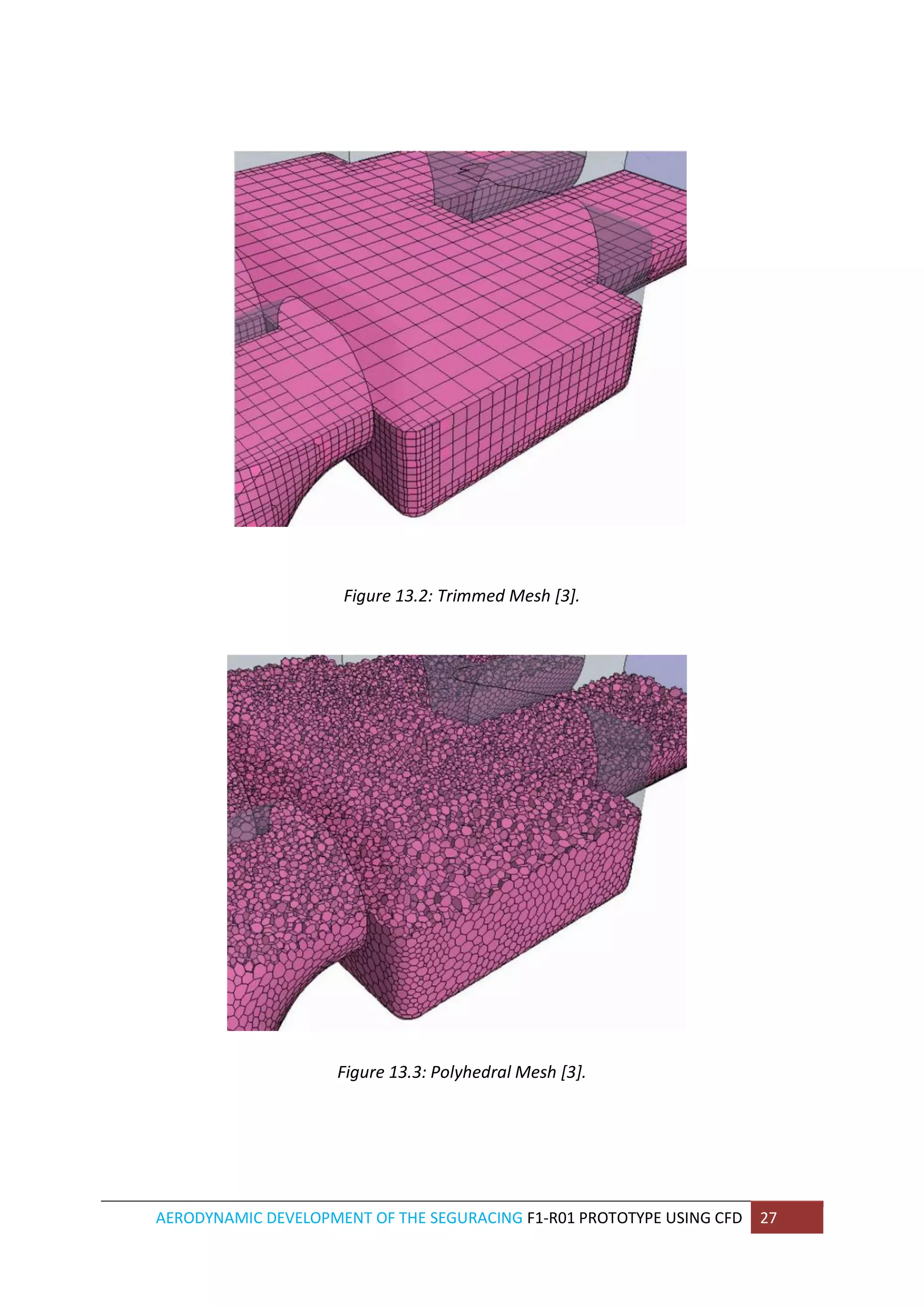 AERODYNAMIC DEVELOPMENT OF THE SEGURACING F1-R01 PROTOTYPE USING CFD 27 
Figure 13.2: Trimmed Mesh [3]. 
Figure 13.3: Polyhedral Mesh [3]. 
 