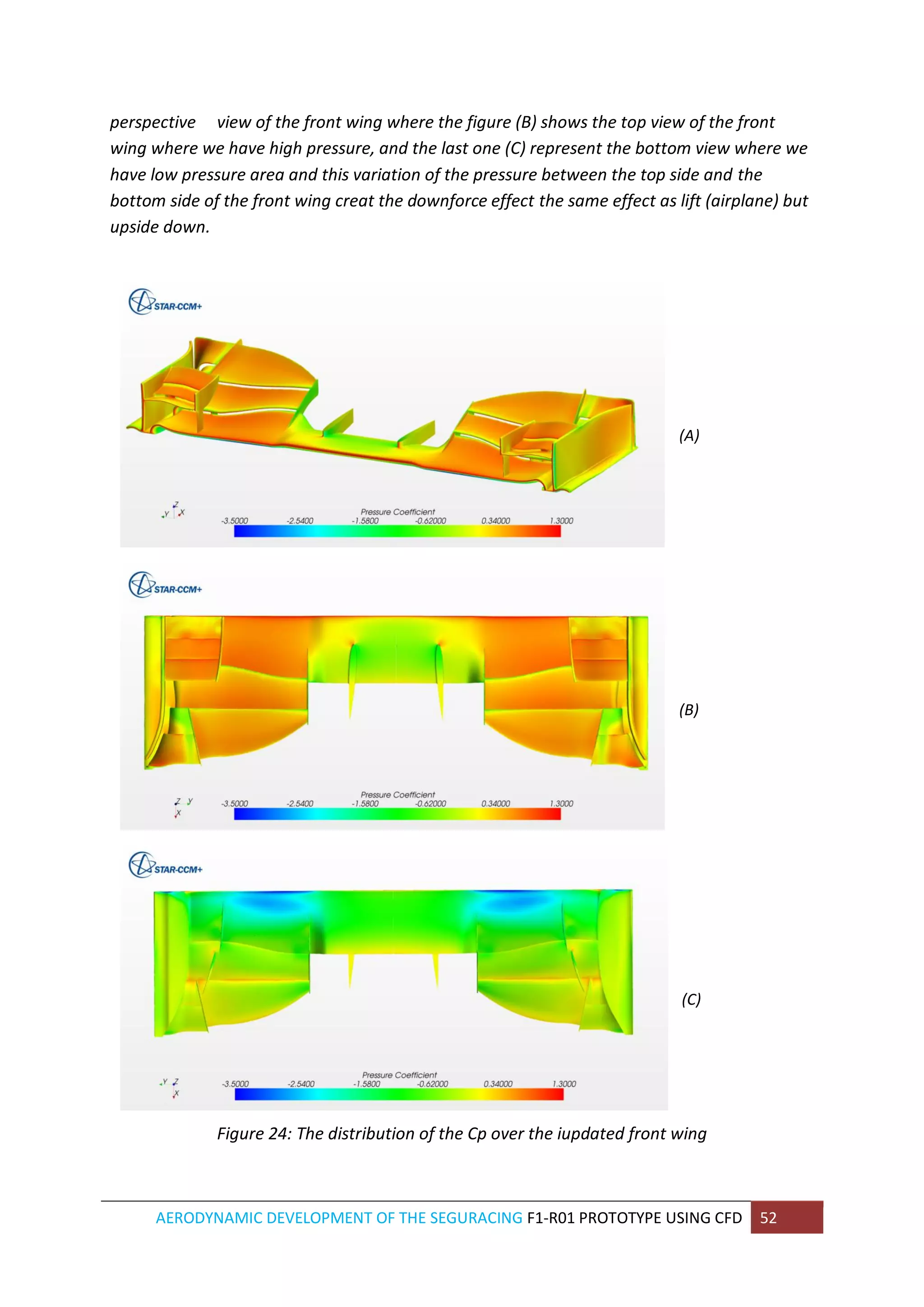 AERODYNAMIC DEVELOPMENT OF THE SEGURACING F1-R01 PROTOTYPE USING CFD 52 
perspective view of the front wing where the figure (B) shows the top view of the front wing where we have high pressure, and the last one (C) represent the bottom view where we have low pressure area and this variation of the pressure between the top side and the bottom side of the front wing creat the downforce effect the same effect as lift (airplane) but upside down. (A) 
(B) 
(C) 
Figure 24: The distribution of the Cp over the iupdated front wing  