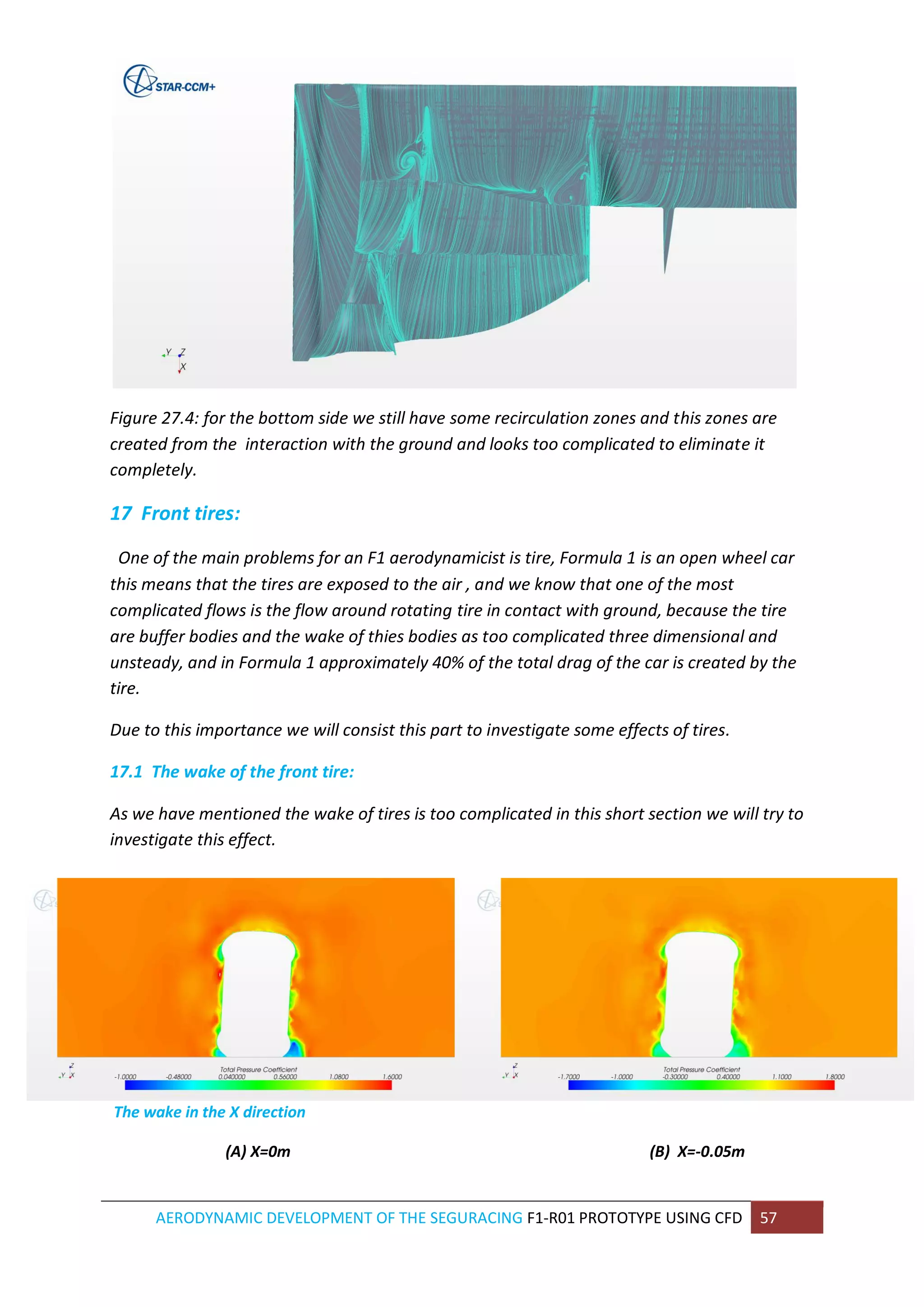 AERODYNAMIC DEVELOPMENT OF THE SEGURACING F1-R01 PROTOTYPE USING CFD 57 
Figure 27.4: for the bottom side we still have some recirculation zones and this zones are created from the interaction with the ground and looks too complicated to eliminate it completely. 
17 Front tires: 
One of the main problems for an F1 aerodynamicist is tire, Formula 1 is an open wheel car this means that the tires are exposed to the air , and we know that one of the most complicated flows is the flow around rotating tire in contact with ground, because the tire are buffer bodies and the wake of thies bodies as too complicated three dimensional and unsteady, and in Formula 1 approximately 40% of the total drag of the car is created by the tire. 
Due to this importance we will consist this part to investigate some effects of tires. 
17.1 The wake of the front tire: 
As we have mentioned the wake of tires is too complicated in this short section we will try to investigate this effect. 
The wake in the X direction 
(A) X=0m (B) X=-0.05m  