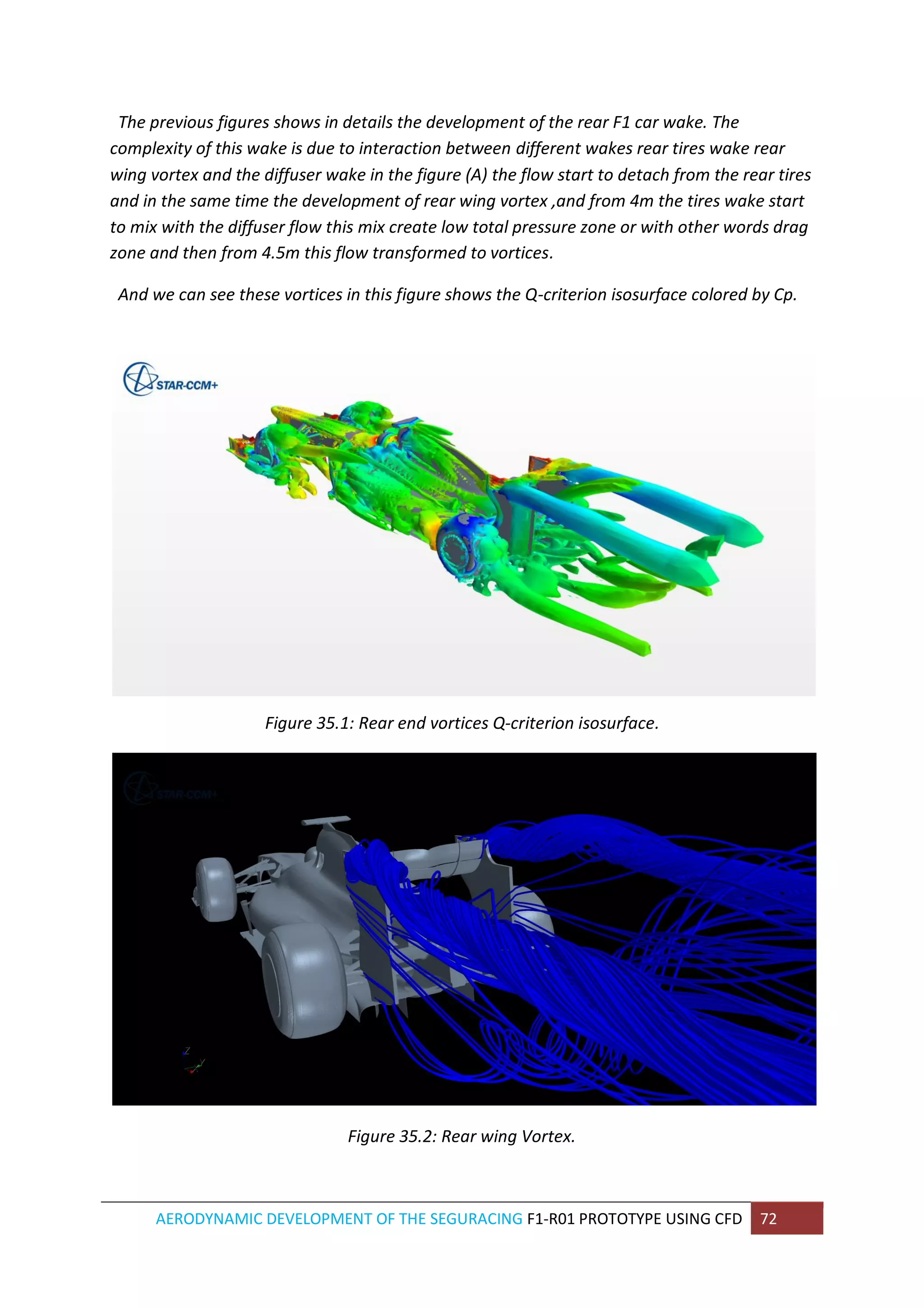 AERODYNAMIC DEVELOPMENT OF THE SEGURACING F1-R01 PROTOTYPE USING CFD 72 
The previous figures shows in details the development of the rear F1 car wake. The complexity of this wake is due to interaction between different wakes rear tires wake rear wing vortex and the diffuser wake in the figure (A) the flow start to detach from the rear tires and in the same time the development of rear wing vortex ,and from 4m the tires wake start to mix with the diffuser flow this mix create low total pressure zone or with other words drag zone and then from 4.5m this flow transformed to vortices. 
And we can see these vortices in this figure shows the Q-criterion isosurface colored by Cp. 
Figure 35.1: Rear end vortices Q-criterion isosurface. 
Figure 35.2: Rear wing Vortex. 
 