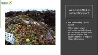 Waste admitted in
composting plant
• EER identified by Decree
5/2/98
• Other waste: only in
authorized plants (ordinary
procedure not authorization
ex Decree 5/2/98) and
specific approval of Regional
Waste Observatory
 