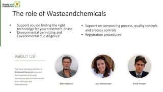 The role of Wasteandchemicals
• Support you on finding the right
technology for your treatment phase
• Environmental permitting and
Environmental due diligence
• Support on composting process, quality controls
and process controls
• Registration procedures
 