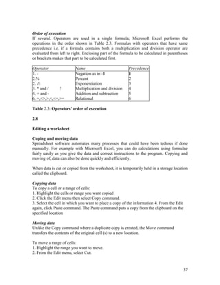 37
Order of execution
If several. Operators are used in a single formula; Microsoft Excel performs the
operations in the order shown in Table 2.3. Formulas with operators that have same
precedence i.e. if a formula contains both a multiplication and division operator are
evaluated from left to right. Enclosing part of the formula to be calculated in parentheses
or brackets makes that part to be calculated first.
Operator Name Precedence
1. - Negation as in -1 1
2.% Percent 2
2. 1 Exponentiation 3
3. * and / ! Multiplication and division 4
4. + and - Addition and subtraction 5
6. =,<>,>,<,<=,>= Relational 6
Table 2.3: Operators' order of execution
2.8
Editing a worksheet
Coping and moving data
Spreadsheet software automates many processes that could have been tedious if done
manually. For example with Microsoft Excel, you can do calculations using formulae
fairly easily as you give the data and correct instructions to the program. Copying and
moving of, data can also be done quickly and efficiently.
When data is cut or copied from the worksheet, it is temporarily held in a storage location
called the clipboard.
Copying data
To copy a cell or a range of cells:
1. Highlight the cells or range you want copied
2. Click the Edit menu then select Copy command.
3. Select the cell in which you want to place a copy of the information 4. From the Edit
again, click Paste command. The Paste command puts a copy from the clipboard on the
specified location
Moving data
Unlike the Copy command where a duplicate copy is created, the Move command
transfers the contents of the original cell (s) to a new location.
To move a range of cells:
1. Highlight the range you want to move.
2. From the Edit menu, select Cut.
 