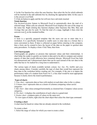 42
4. In the Use function box select the sum function then select the list for which subtotals
will be inserted in the add subtotals box by checking the appropriate label. In this case it
is the amount owed field.
5. Click ok button to apply and the list will now have sub totals inserted
Totals function
Use theAutoCalculate feature in Microsoft Excel to automatically show the total of a
selected range. When cells are selected, Microsoft Excel displays the sum of the range on
the status bar. Right clicking this function displays other functions like Min, Max and
Average that can also be used. To find the total of a range, highlight it then click the
autosum icon ∑ on the standard toolbar.
Forms
A form is a specially prepared template that the users can use to enter data in a
worksheet. It is specifically formatted to enable users to enter data in a format that is
more convenient to them. If data is collected on paper before entering in the computer,
then a form can be created to have the layout of the data on the paper to quicken data
entry procedures. To display a form: Click 'Data, then form.
2.10 Charts/graphs
Charts/graphs are graphics or pictures that represent values and their relationships. A
chart helps the reader to quickly see trends in data and to be able to compare and contrast
aspects of data that would otherwise have remained obscure. Microsoft Excel has both
two-dimensional and 3-dimensional charts that can be used instead of the raw data in the
table that has to- be studied for a long time to understand it.
The various types of charts available include column, bar, line. Pie, bubble and area
charts among others. Consider carefully the type of chart that would best represent the
base data in the worksheet before creating one. For example, if the aim is to depict the
performance index of a student from Form I-to 3, a line chart would be most appropriate
because it clearly shows the trend in performance.
Types of charts
1. Line chart - represents data as lines with markers at each data value in the x-y plane.
2. Column chart- represents data as a cluster of columns comparing values across
categories. .
3. Bar chart - data values arranged horizontally as clustered bars. Compares values across
categories.
4. Pie chart - it displays the contribution of each value to a grand total.
5. Scatter chart - compares pairs of values on the same axis.
To view types of charts, right click the chart object then select the chart type command.
Creating a chart
A chart must be based on values that are already entered in the worksheet.
To create a chart:
1. Select the range of values for which you want to create a chart.
 