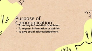 • To convey information or opinion
• To request information or opinion
• To give social acknowledgement
Purpose of
Communication:
 