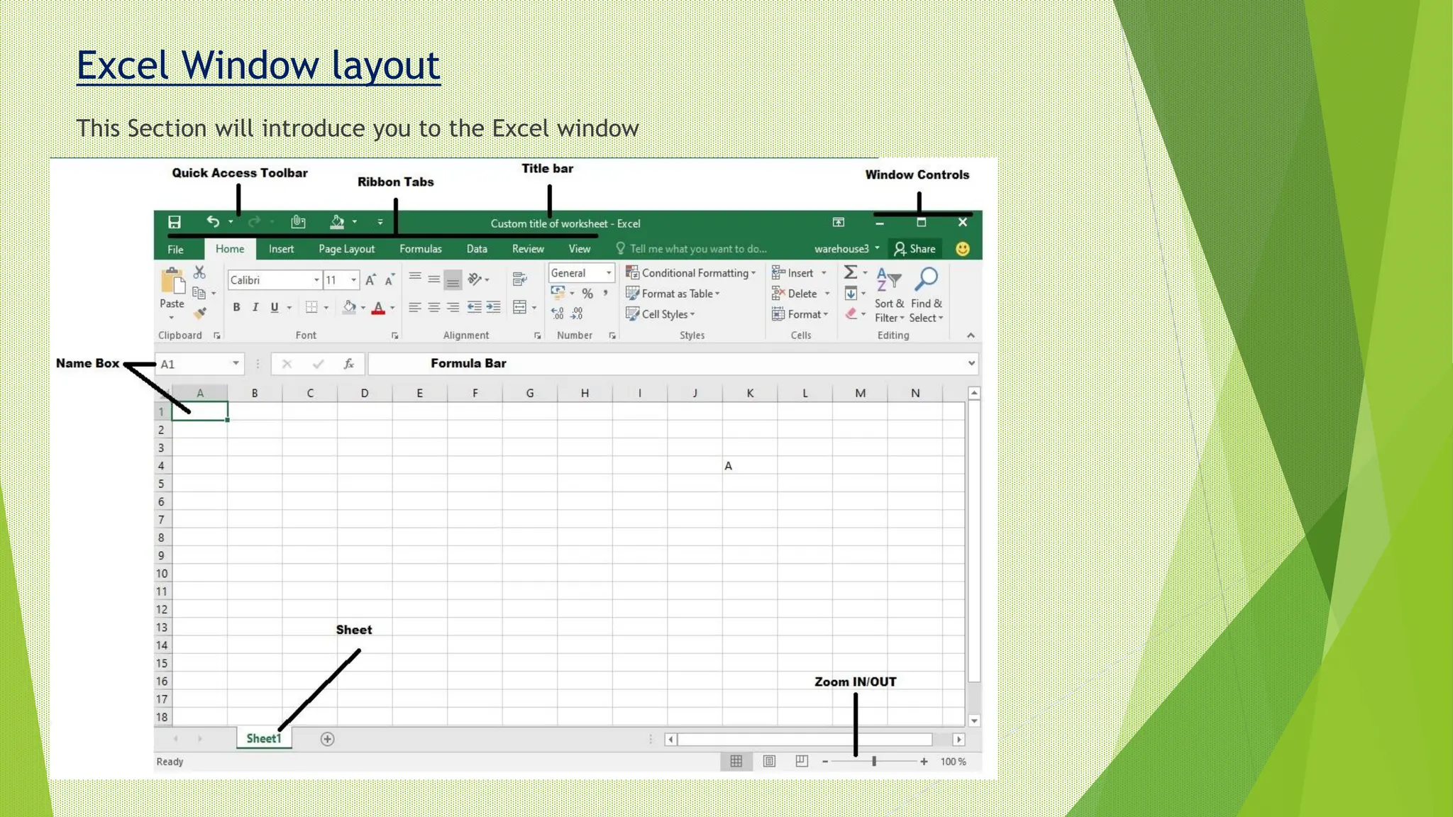 Excel Window layout
This Section will introduce you to the Excel window
 